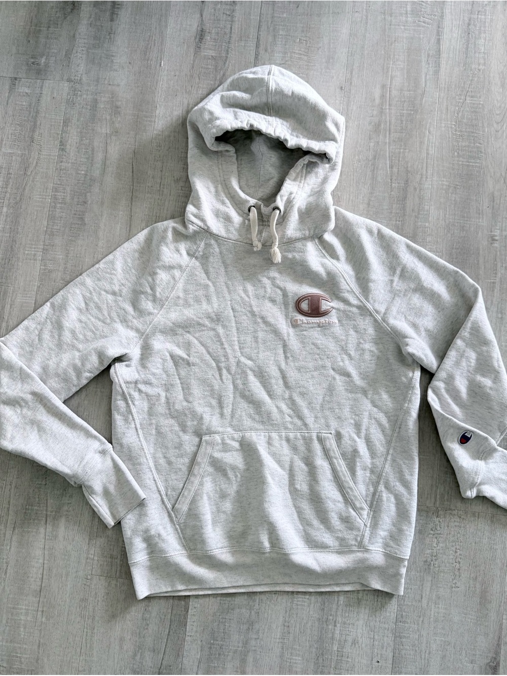 Champions light grey heathered hoodie with mauve logo, Womens XS